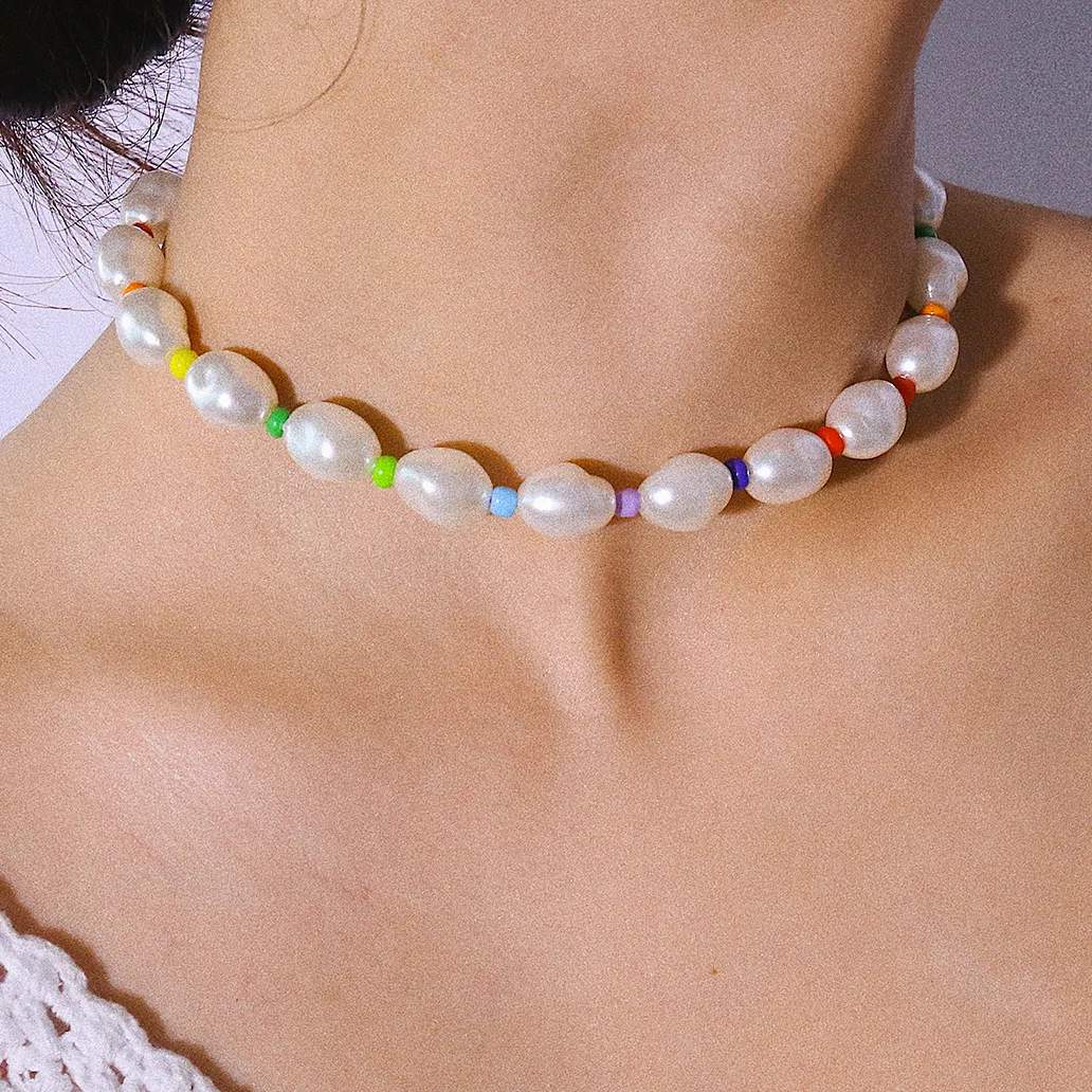 

Fashion Colorful Bead Choker Necklace for Women Baroque Irregular Imitation Pearls Statement Collar Female Gold Color Jewelry