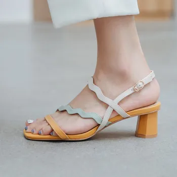 

kmeioo fashion summer casual shoes woman ankle strap sandals open toe square heels buckle strap block heels