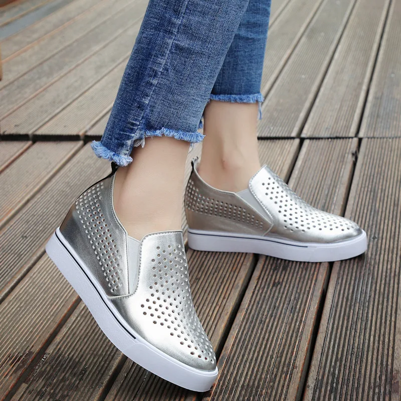 

2019 Summer Porous on Breathable Spring And Summer Leather Elevator WOMEN'S Shoes Versatile a Hollow out Mesh Slope round Toe Sh