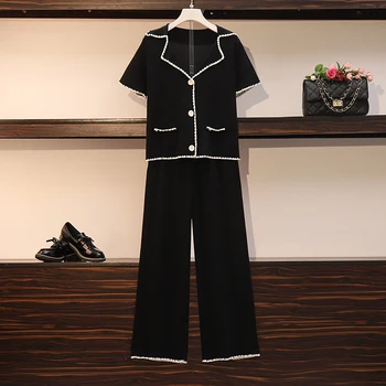 

Plus Size 2 Piece Set Summer Womens Suit Collar Short Sleeve Cardigan + Wide Leg Pants Two Piece Set Knit Sweatshirts Black Suit