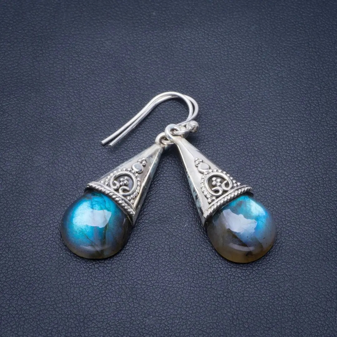 

Natural Blue Fire Labradorite Handmade Unique 925 Sterling Silver Earrings 1.5" B2205