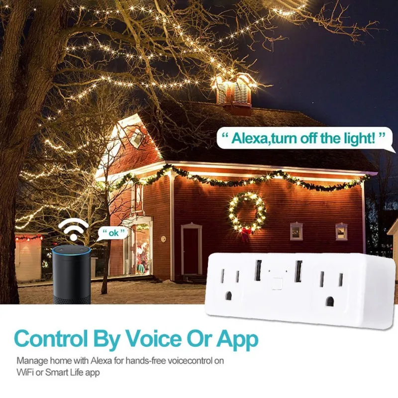 Стандарт США WiFi Smart Plug 2 розетки двойной USB порт приложение голосовой пульт дистанционного управления огнестойкая розетка