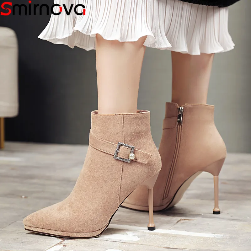

Smirnova fashion new autumn winter boots women pointed toe flock ankle boots keep warm high heels prom ladies boots 2020 new
