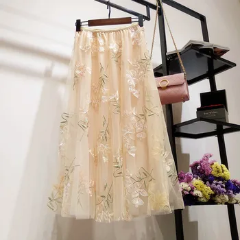 

Spring Women Skirt Fashion Thin Yarn Embroidery Flowers Mesh Long Skirt Ladies Long Skirt Mid-calf Swing A-line Middle Skirt
