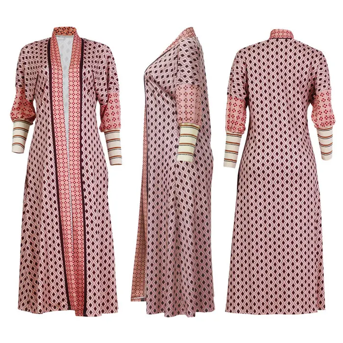 Осень женщин Геометрическая Печать с длинными рукавами Повседневное пальто Верхняя одежда куртка кардиган-OPK
