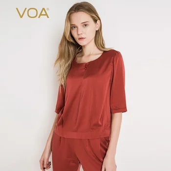 

Voa Orange Satin Collar Five-sleeve Button Adornment Soft Micro-bomb Homewear Wide Loose T-shirt Bj188 Tshirt t Shirt Women