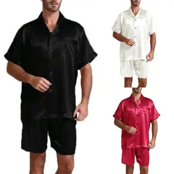 

Summer Men's Satin Pijamas Set 2Pcs Solid Color Short Sleeve Button Tops&Shorts Silk Cool Pajamas Suit Comfortable Home Service