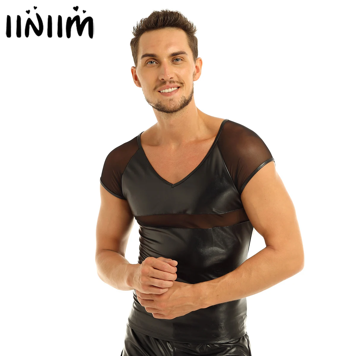 

iiniim Mens Moto Streetwear 2019 Fashion Tee Shirt Homme Short Sleeves Mesh Splice Pullover T-shirt Clubwear Costumes Tank Tops