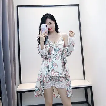 

Women sexy Pajamas Faux Silk Satin Sleepwear Flowers sleeveless pyjama femme Nightwear Female Homewear 3Pcs Pijama Mujer