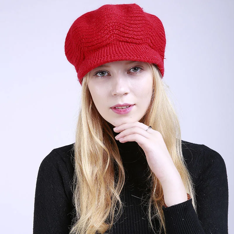Зимний бархатный женский берет, красная, черная, бежевая шапка, вязаная шапка, мягкий мех кролика, модная теплая шерстяная шапка, бейсболка