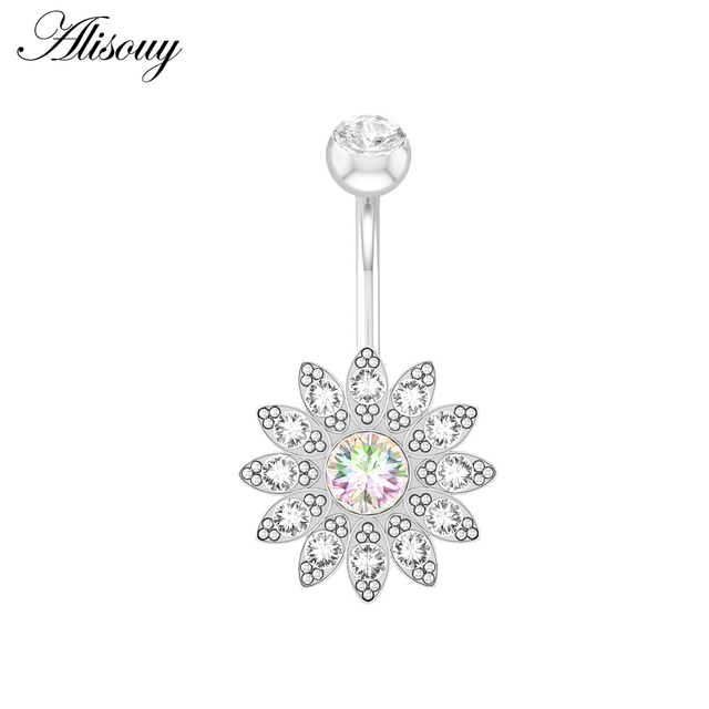 1pc Flower Heart Dangled Belly Navel Piercing Button Ring 14G Stainless Steel CZ Crystal Opal Ombligo Woman Body Jewelry