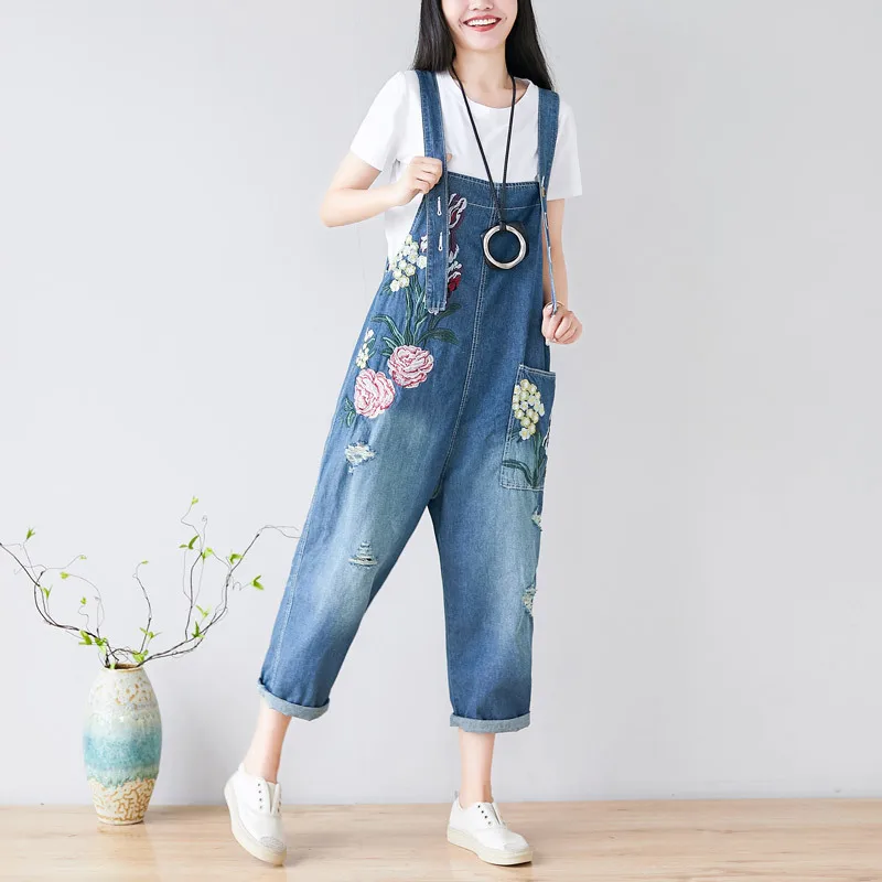 

Embroidery Floral Jean Jumpsuit Women Summer 2020 Denim Ripped Overalls Vintage Casual Plus Size Bib Pants with Adjustable Strap