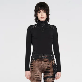 

PUNKRAVE Women's Punk Knit Long-sleeved T-shirt Daily Casual High Neck Shirt Top