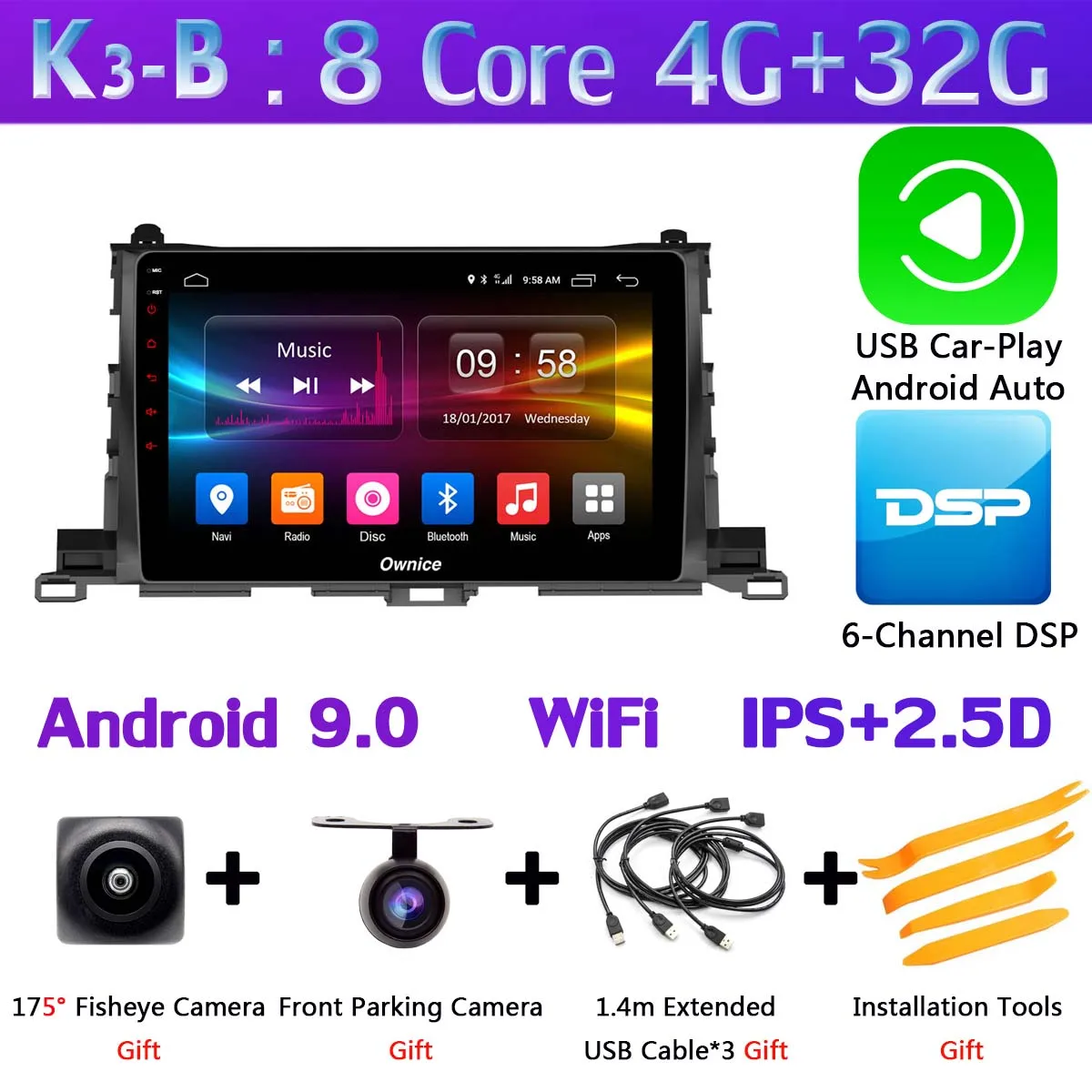 360 ° панорамный Android 9,0 4+ 64G gps радио CarPlay SPDIF DSP автомобильный мультимедийный плеер для Toyota Highlander - Цвет: K3-B-CarPlay