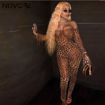 

Novgirl Sexy Lopard Print Jumpsuit Women 2019 Slash Neck Mesh See Through Night Club Party Rompers Long Sleeve Fashion Overalls