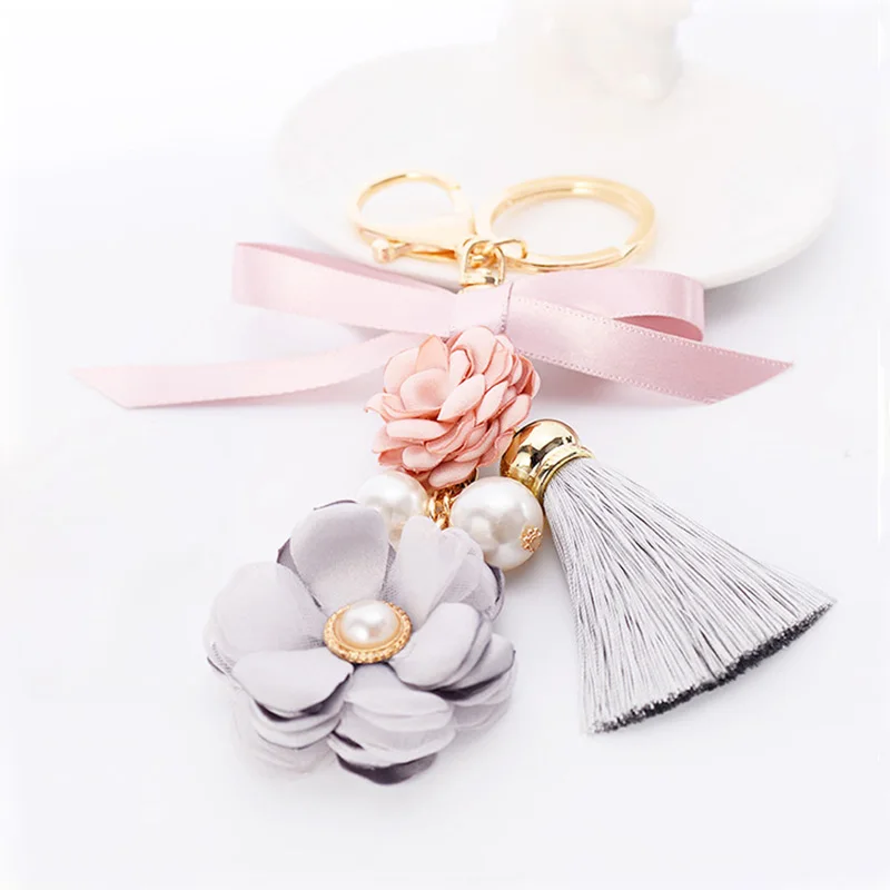 Модный розовый брелок с цветами цепочка для ключей жемчужный бант цепочка брелок для ключей с кисточкой Porte Clef сумка Подвеска Украшения для дамской сумочки подарки