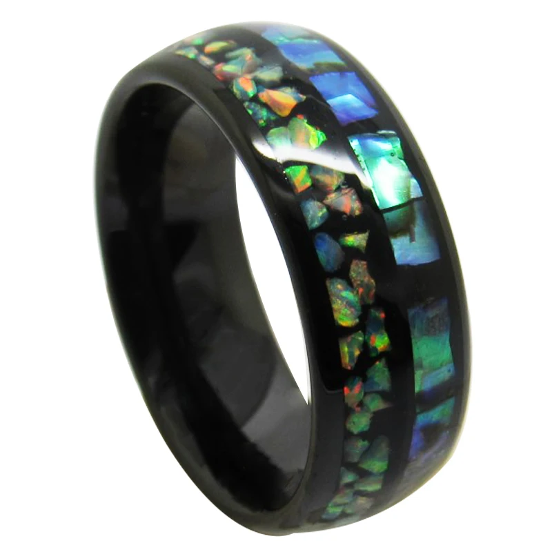 

New 6/8mm Width Boho Tungsten Wedding Rings Black Tone Inlay Green Opal & Natrual Shells for Couples Size 6-13 Can Engraving
