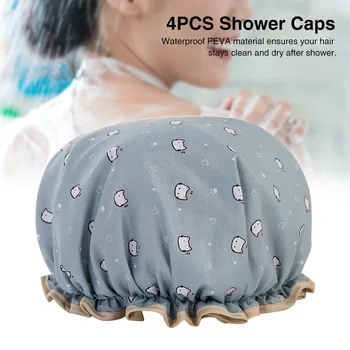 

4pcs Double Layer Salon Bonnet Adults Women Shower Cap Bathroom Elastic Reusable Bath Accessories Cartoon PEVA Cute Cat Printed