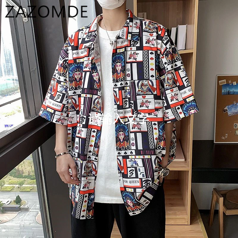 

ZAZOMDE New Graffiti Pattern Mens Shirt Tops Playing Cards Printed Male Blouse Casual Half Sleeve Summer Floral Shirts