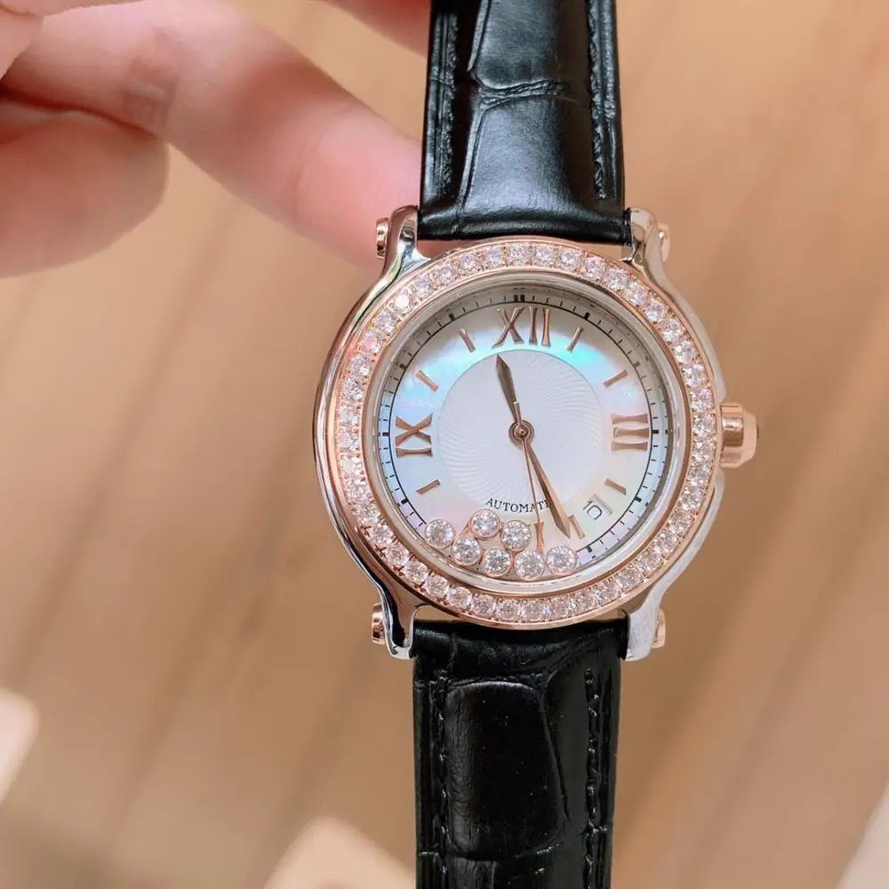 

Ladies Updated bracelet montre Leather moving Stone Quartz Wristwatch round mother shell pearl 36mm Dial watches for women
