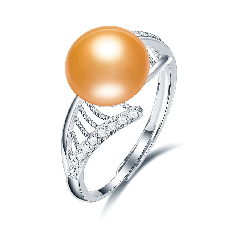Высокое качество 10 мм Кольцо из натурального жемчуга, 925 пробы серебряные кольца для женщин обручальное кольцо Свадебные Кольца из серебра 925 пробы, ювелирные изделия - Цвет камня: Золотой