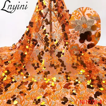 

Embroidery African French Tulle Mesh Lace Fabric New Arrival Orange Sequins Lace Fabrics for Wedding Dress Nigerian Lace NI1978