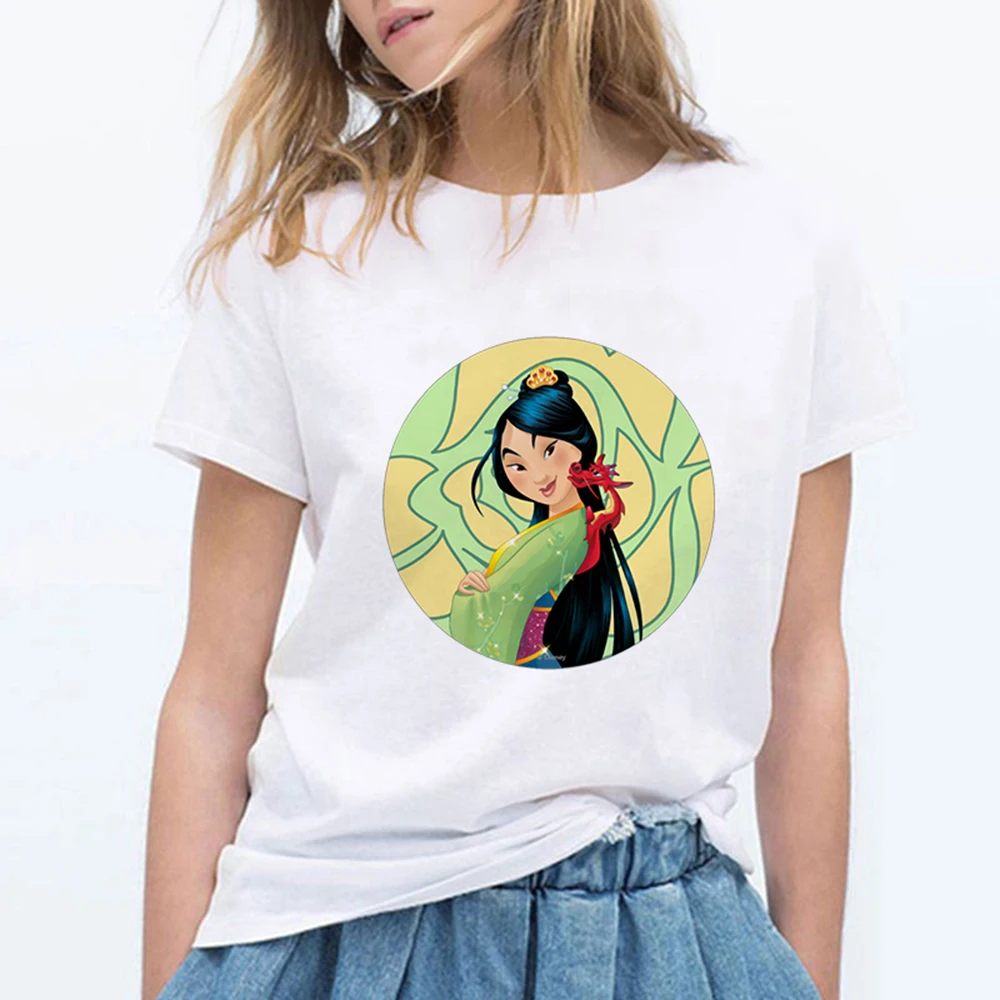 Модные Забавные футболки с коротким рукавом в стиле Харадзюку с принтами принцесс Мулан, женские уличные винтажные футболки больших размеров Ulzzang Camiseta Mujer