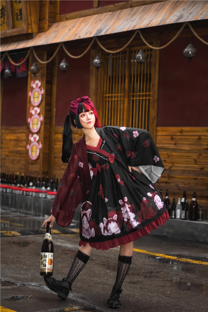 Японское милое платье лолиты в стиле ретро с оборками и бантом, с v-образным вырезом, с высокой талией, милое платье с принтом в викторианском стиле, kawaii, Готическая Лолита, jsk