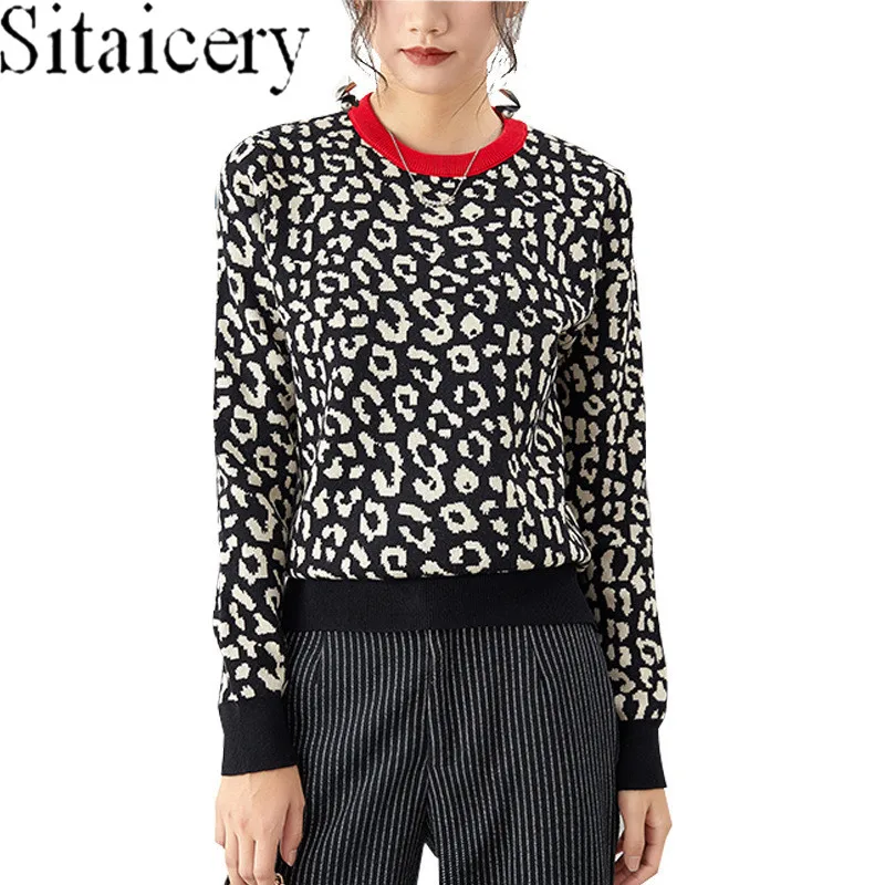 

2020 Autumn Winter Women Sweaters Leopard Knitted Pullovers Long Sleeve Contrast Color Crewneck Jumpers Loose Women's Sweater