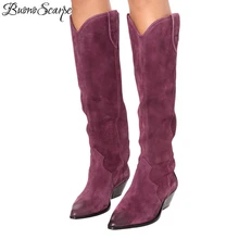 Новые ботинки из натуральной замши; ковбойские ботинки в стиле ретро на толстом каблуке; обувь в римском стиле; женские ковбойские ботинки с острым носком; Botas Mujer