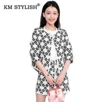 

New Women Slim Suit Floral Print Waist Long Sleeve Casual Sets Pocket Four-leaf Clover Lucky Sweed Coat + Short Skirt Female