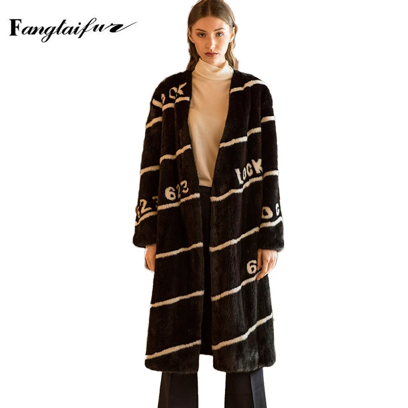

Fang Tai Fur 2019 New Winter Women Velvet Mink Coat Deep V-Neck Striped Letter Mink Coats For Women's X-Long Real Mink Fur Coats