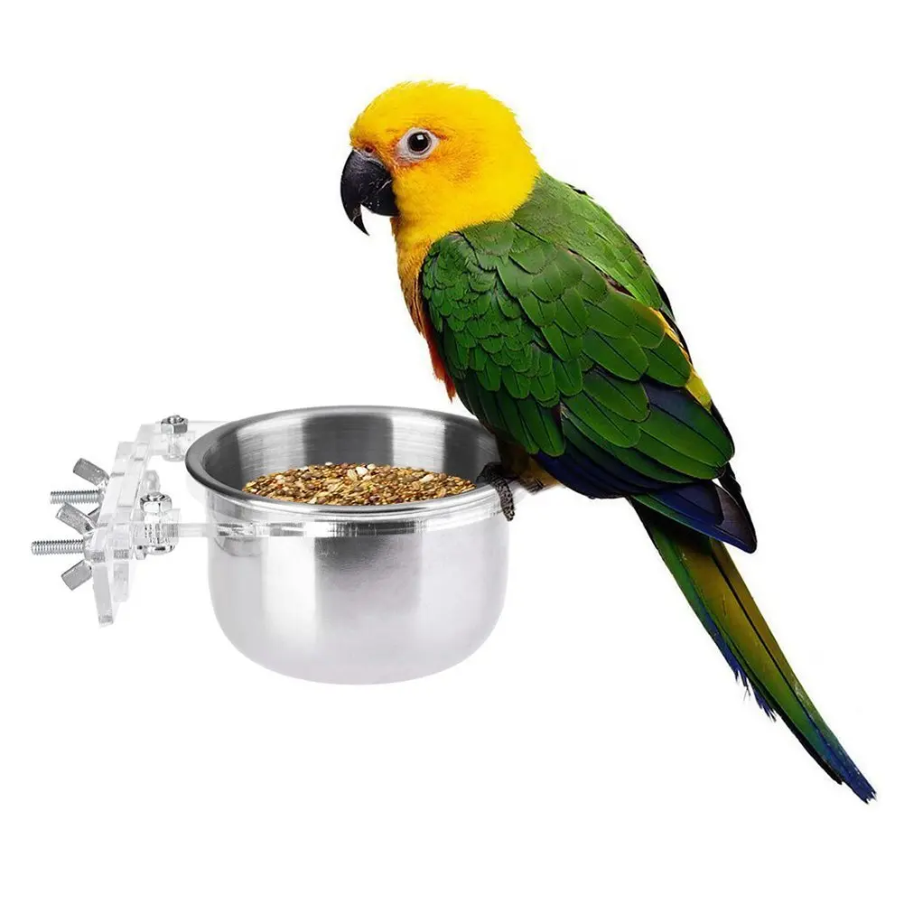 

Bird Stainless Steel Food Water Bowl with Acrylic Clamp Holder Parrot Hanging Cup for Cockatiel Conure Budgies