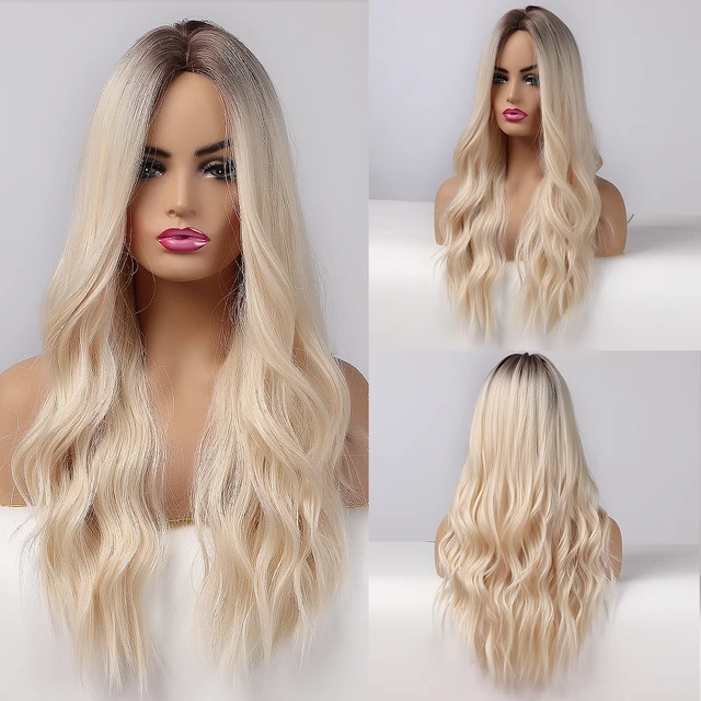 Long Water Wavy Synthetic Wigs Ombre Brown Middle Part Natural Hair Wigs For Women Cosplay Wigs Heat Resistant Fiber lc179-11