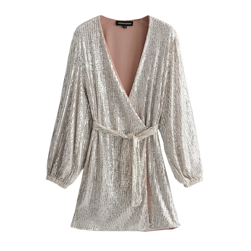 Женское вечернее платье с блестками, модное сексуальное Клубное облегающее платье с глубоким v-образным вырезом, элегантное мини-платье с длинным рукавом и фонариком, Vestidos de fiesta - Цвет: Silver