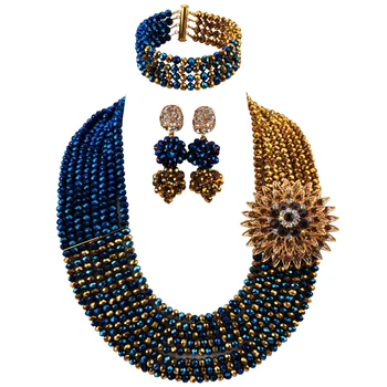 

Majalia classic fashion Nigerian wedding African jewelry set Metal blue and Golden brown crystal necklace bridal jewelry sets