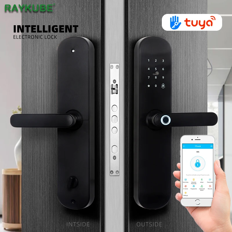 - RAYKUBE Fingerprint Door Lock Smart Phone APP TT lock Bluetooth Wifi Tuya Password Code IC Card Unlock Keyless Security Mortis