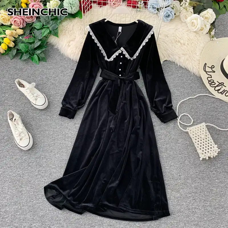 black velvet midi dress long sleeve