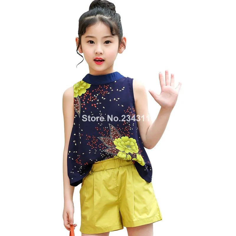 

New Summer Girls Children's Mid Size Children's Wear Printed Bow Bow Suit White And Navy Blue Color Vest +pant 4-12 Ages