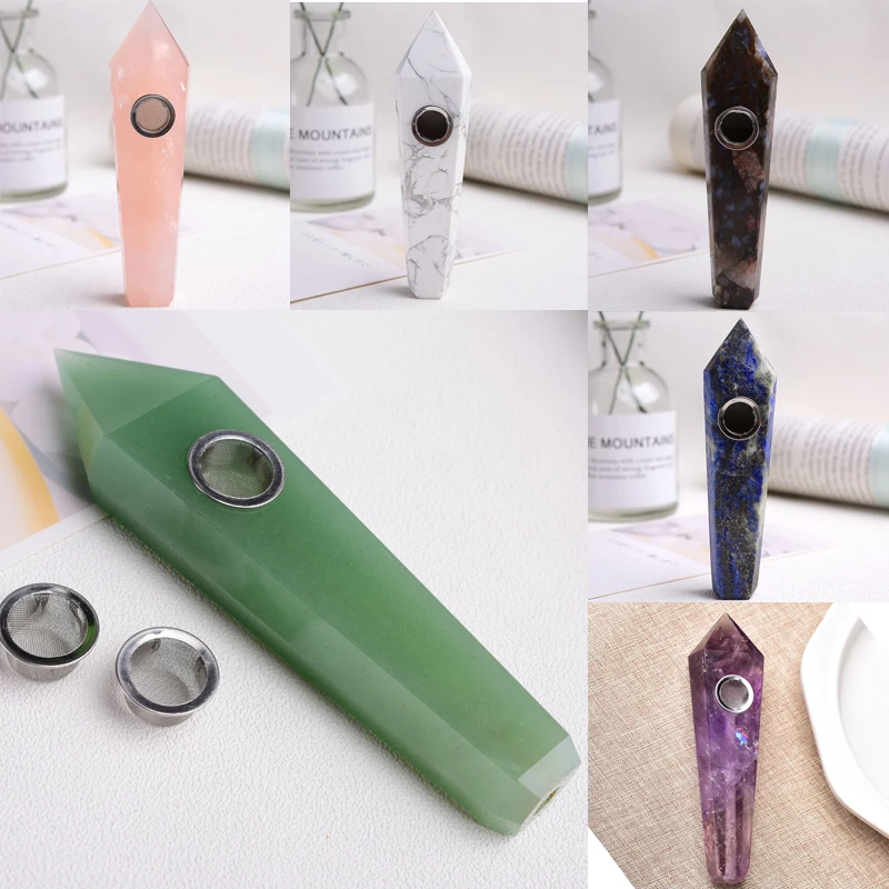 

1pc Natural Stone Smoking Pipe for Tobacco Portable Hand-Polished Quartz Crystal Cigarette Holder Healing Energy Meditation Gift
