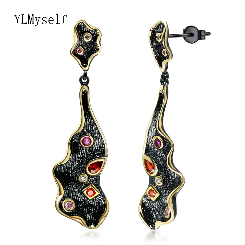 

Luxury 5.8cm Long Irregular Drop Earrings Jewelry Leaf Design Vintage Black Red Multi Stones Dangle Earring For Women