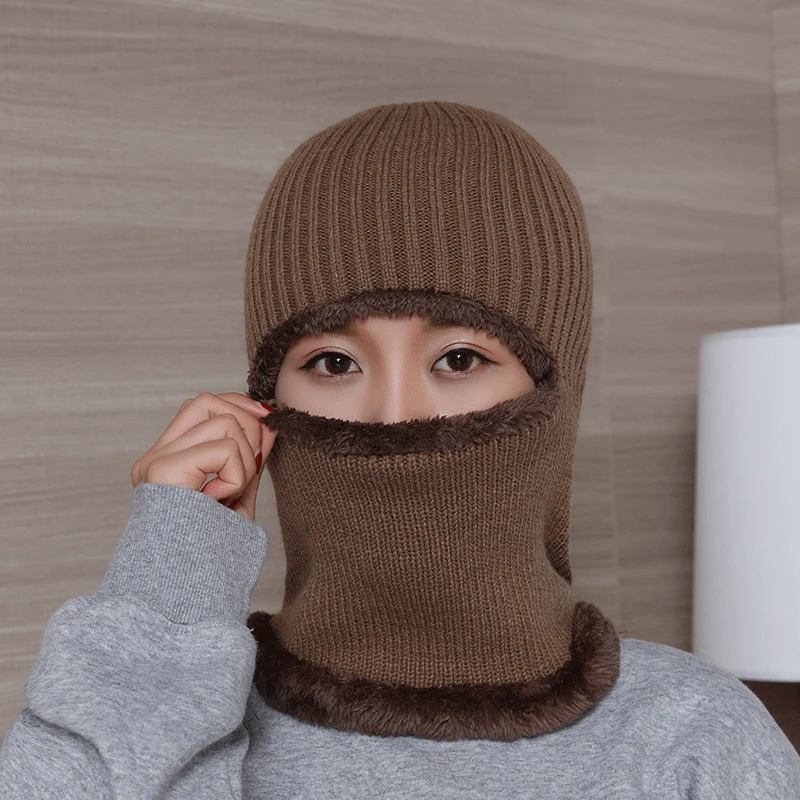 Autumn and Winter Knitted Wool Beanie Solid Masked Couple Hat Plus Velvet Thickening Unisex Earmuffs Scarf Hats Warm Winter Cap