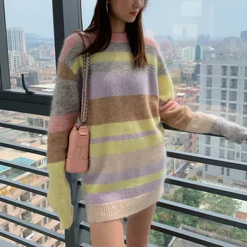 

Women Sweater 2019 Autumn and Winter Mohair Wool Blend Striped Colorblock Pullover Sweater Long Sweater