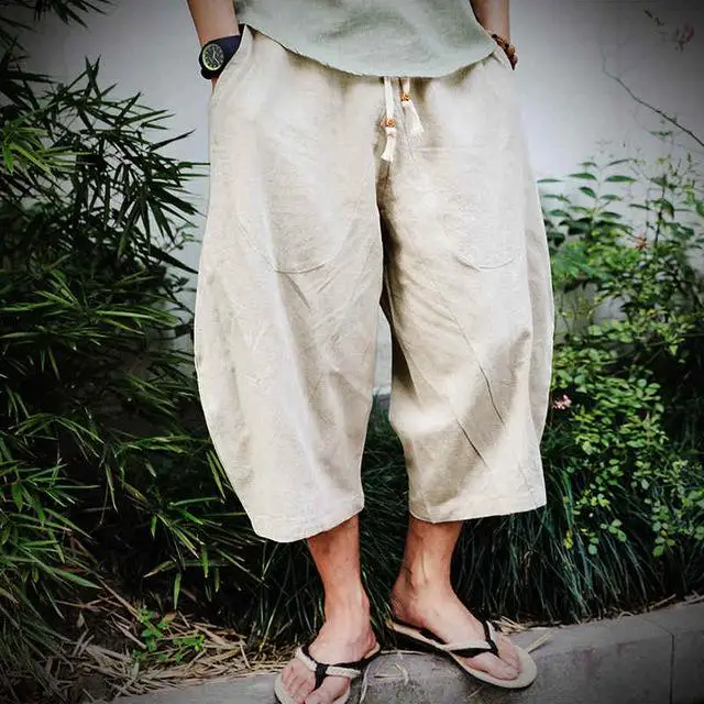 Men Pants Men's Wide Crotch Harem Pants Loose Large Cropped Trousers Wide-legged Bloomers Chinese Style Flaxen Baggy Pants - Цвет: 1