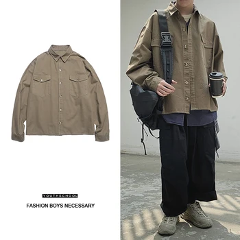 

Men's long-sleeved shirt 2019 autumn and winter new solid color loose shirt handsome tooling shirt youth trend men's clothing