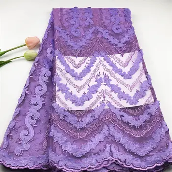 

High Quality Luxury Lilac African Nigerian French Beaded Hand cut Mesh Net Tulle Dress Lace Fabric with wedding dress N2821