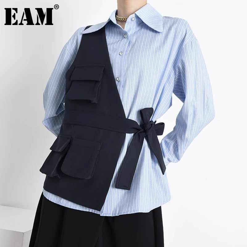 [EAM] Women Blue Striped Bandage Irregular Big