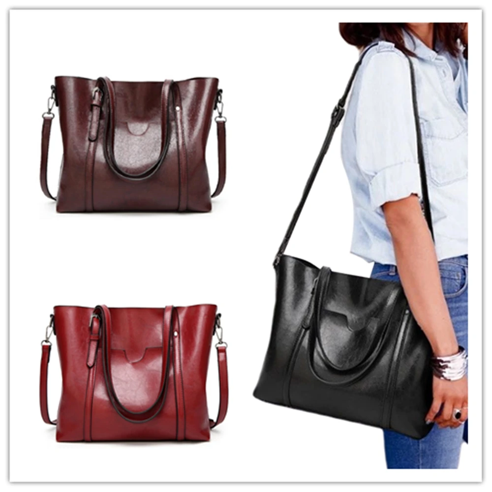 

AA Women Solid Color PU Leather Bags Large Capacity Portable Shoulder Girls Pack 2-in-1 Handle Bucket Decorative Zipper Bag