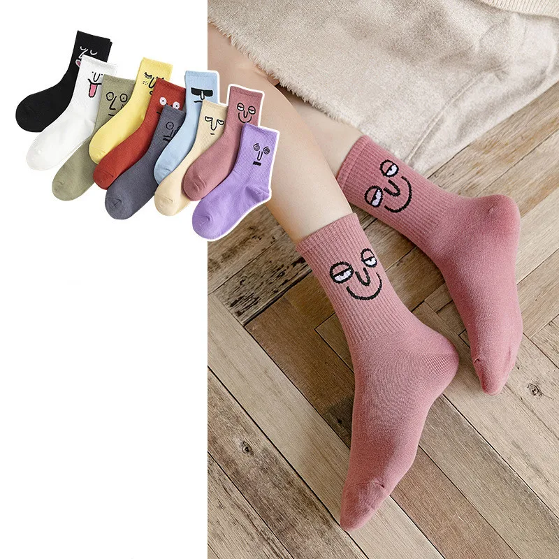 Autumn New All Cotton Korean Version Women's Stockings Funny Expression Jacquard Personality Trend Middle Tube Men's Stockings