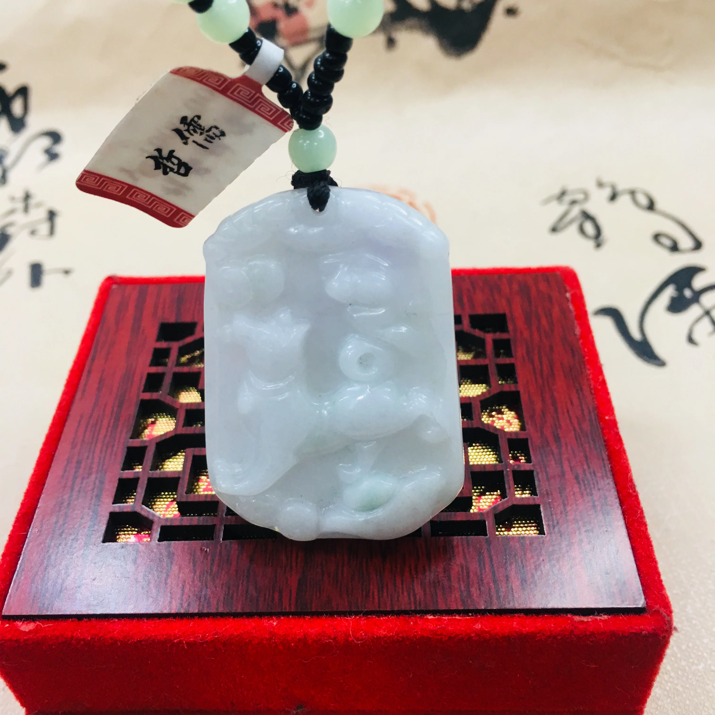Zheru pure natural Jadeite carved light green lucky dog pendant with green bead sweater chain Send A certificate